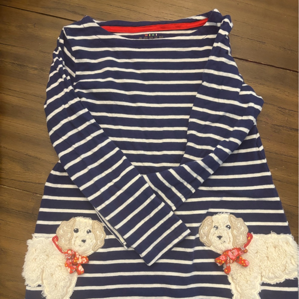 Boden Navy and White Striped Tunic with Dog Appliqué